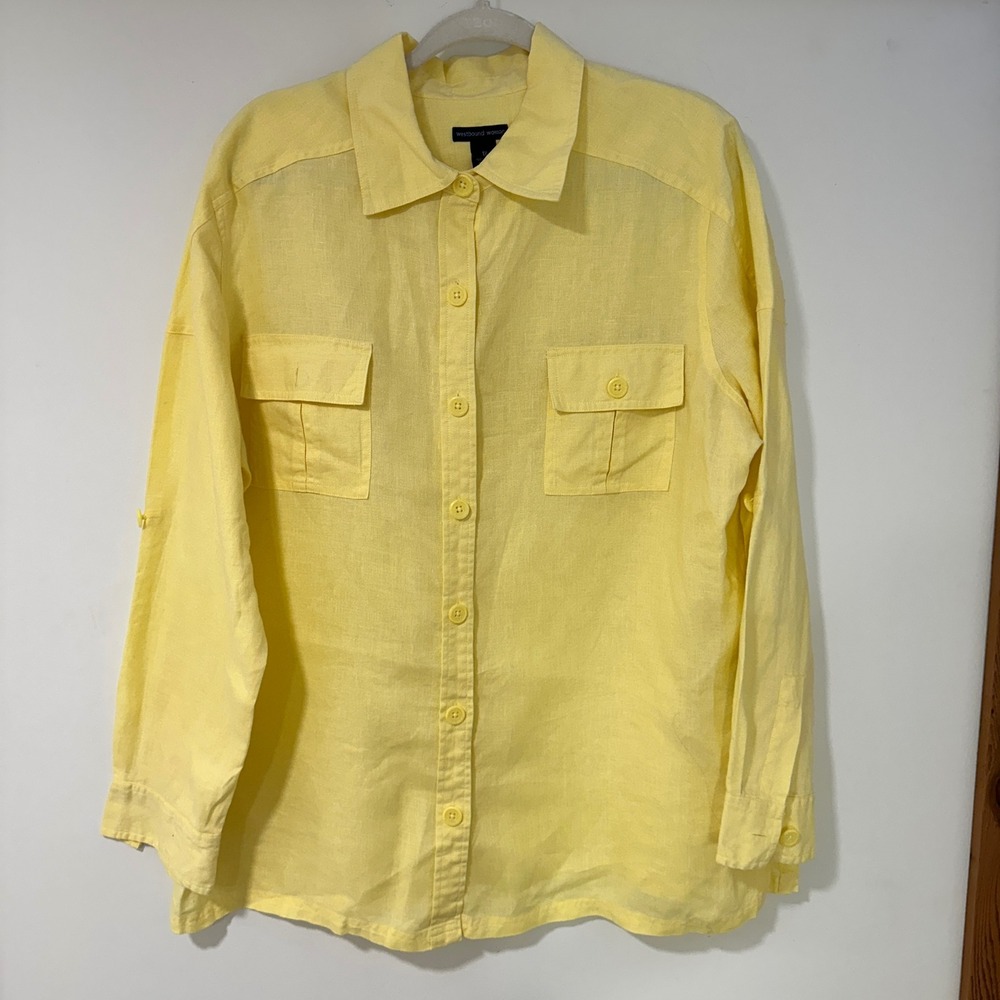 Westbound Woman 1X Shirt 100% Linen Yellow Roll Tab Sleeve Button Up Blouse Plus